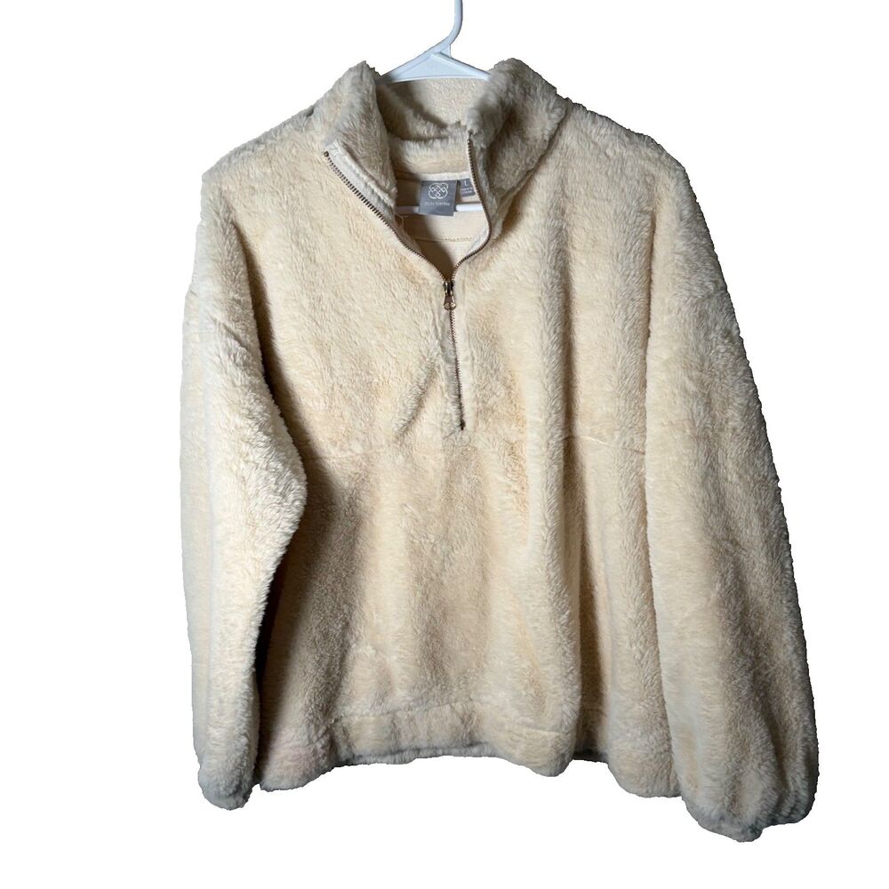 Daisy Fuentes Jacket Women's Large Ivory Fleece 1/4 Zip Pullover Fuzzy Plush